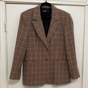 Zara Women's Checkered Blazer - Brown, Pink and Black